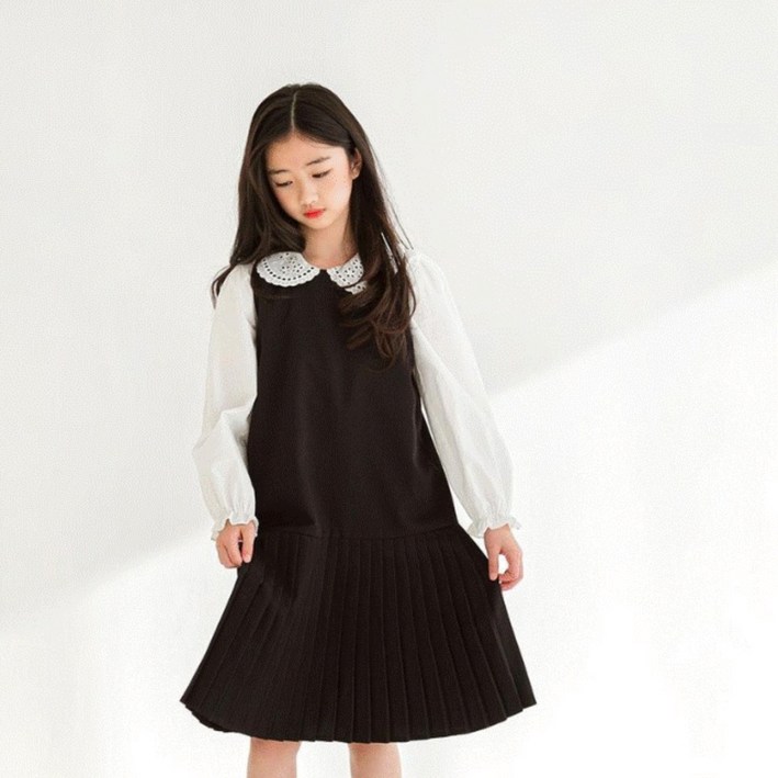 모아 여아 아동 주니어 레이어드 플리츠 민소매 주름 원피스 (초등학생 - 중학생)