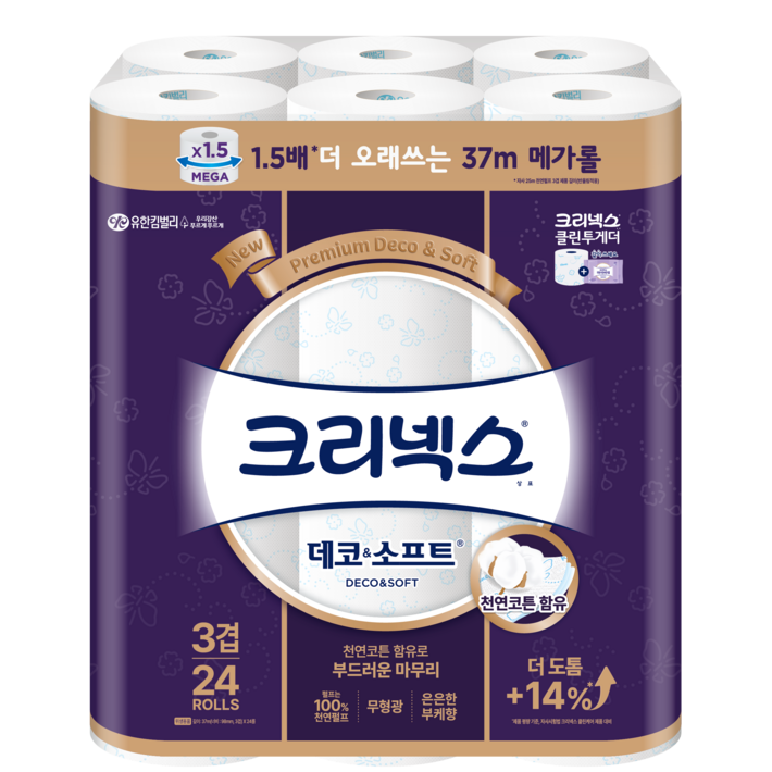 크리넥스 천연펄프 3겹 데코소프트 37m, 24롤, 1개