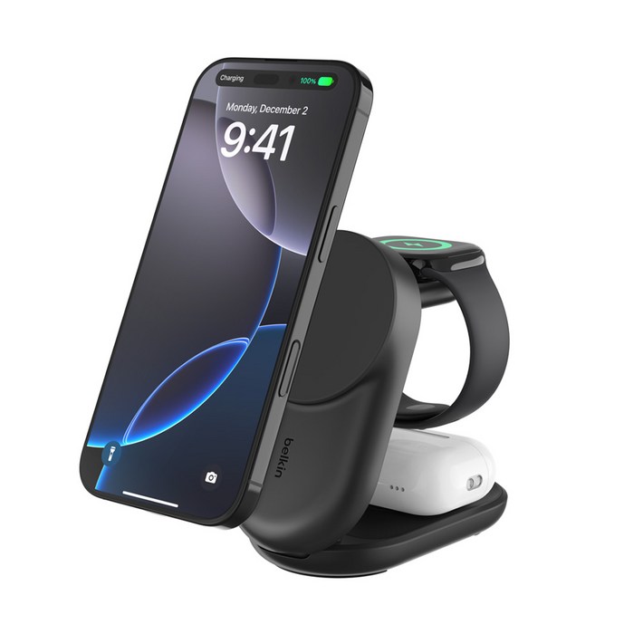 벨킨 울트라차지 3in1 Qi2 25W 폴더블 마그네틱 무선 초고속 충전기 WIZ037k, 블랙WIZ037krBK, 1개