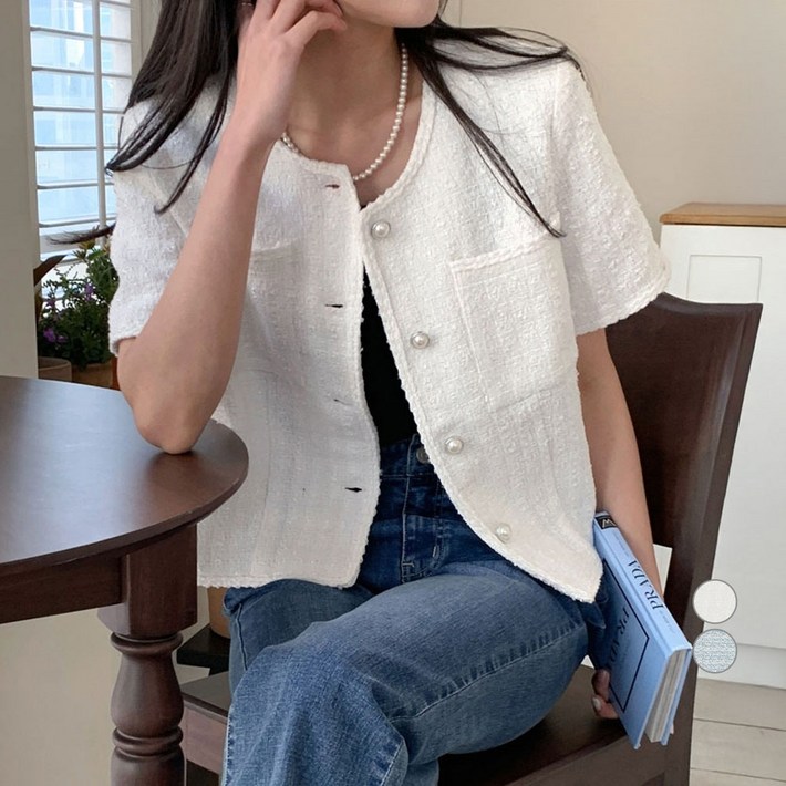 아피나르 여성용 세미크롭 반소매 트위드 자켓