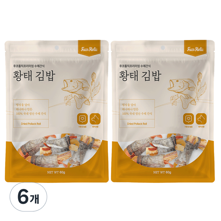 후코홀릭 강아지 황태 김밥, 혼합맛황태당근고구마, 60g, 6개 후코홀릭 강아지 황태 김밥, 혼합맛황태당근고구마, 60g, 6개