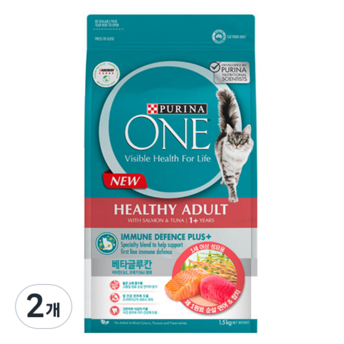 퓨리나원 원캣 어덜트용 순살 고양이 건식사료, 연어, 1.5kg, 2개
