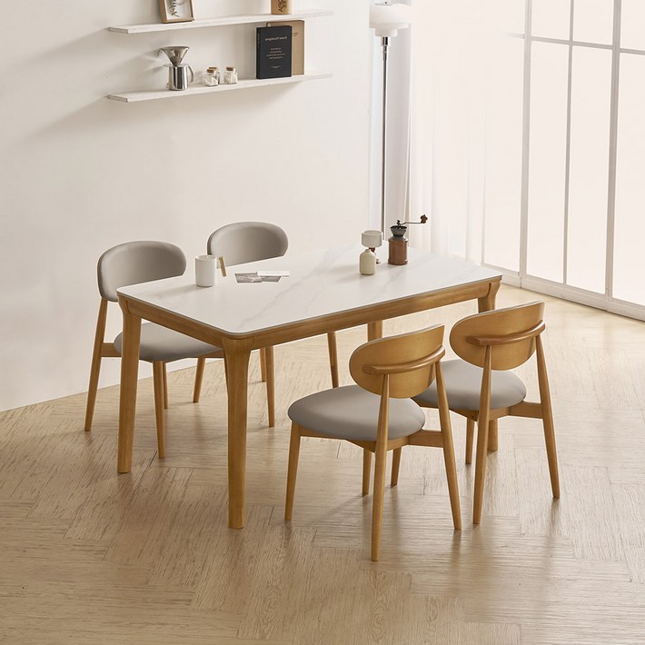라로퍼니처 보나 1400 포세린 통 세라믹 원목 식탁  의자 4p 세트 4인용 방문설치, 화이트상판, 내추럴원목, 일반의자 4