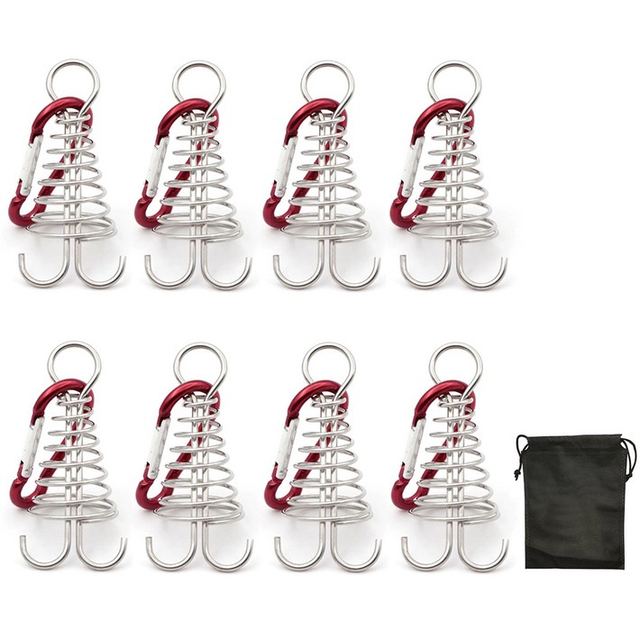 스프링 오징어 데크팩 8p  카라비너 8p  부직포 주머니 텐트부품 세트, 혼합색상