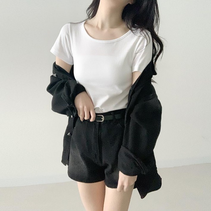 세트구성 데이지클로젯 쿠르 오버핏 데님 셔츠 청남방 반바지 투피스 셋업  봄 여름 가을 루즈핏 간절기 여성 여자 청청 셋업 빈티지 워싱 기본템 데일리룩 3부 숏팬츠