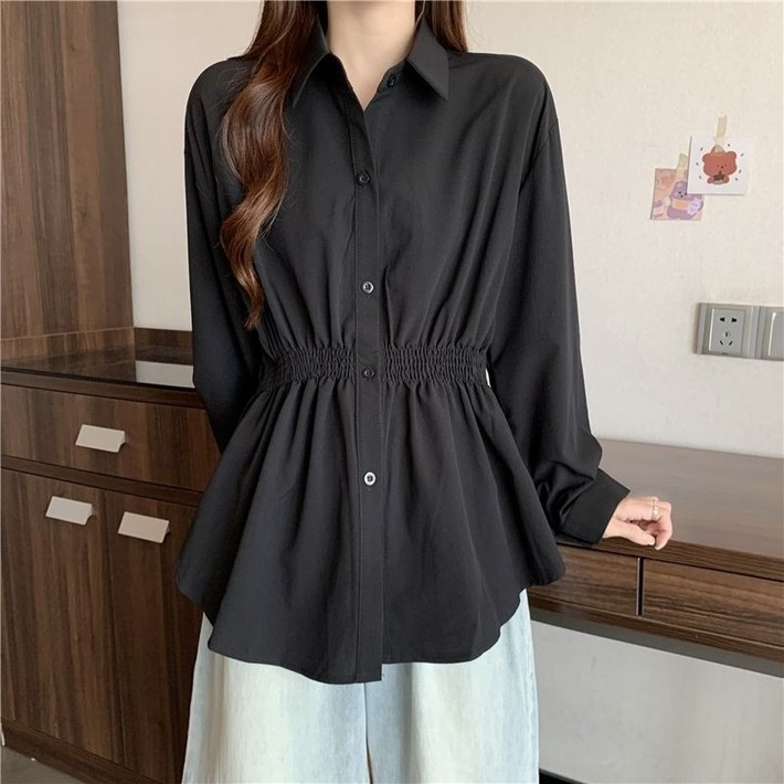 SAHINER 여성 셔츠형 허리밴딩 셔링 블라우스 봄 데일리 BCS48