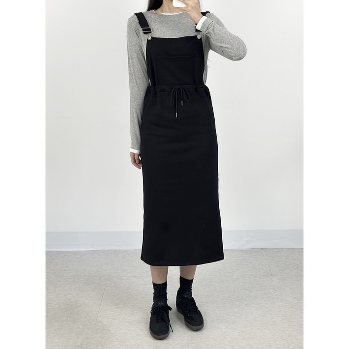 멜빵원피스 뒤트임 롱 스판 면 쭈리 편한 츄리닝 트레이닝복 길이조절가능 (그레이,블랙)