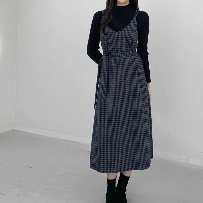 행복여 로제타 더블 스트랩 세트 모직 체크 뷔스티에 원피스