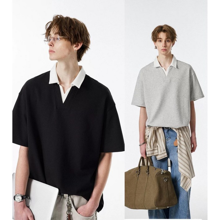 남성 데일리 브이넥 레이어드 코튼 반팔 티셔츠