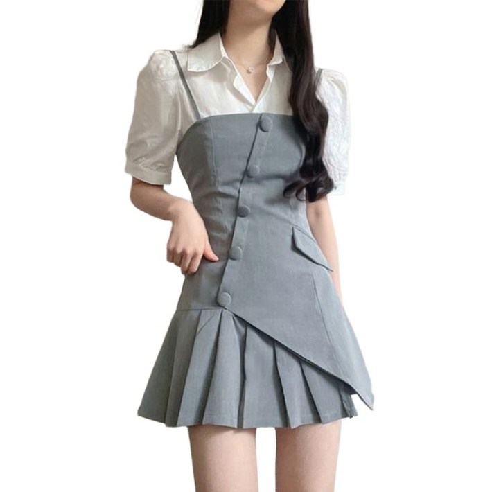 JUSTFEELING 빅사이즈 여성 멜빵 미니 원피스 데이트룩 키작녀 여리핏 트렌드 찢청 A라인 언밸런스 니시 원피스