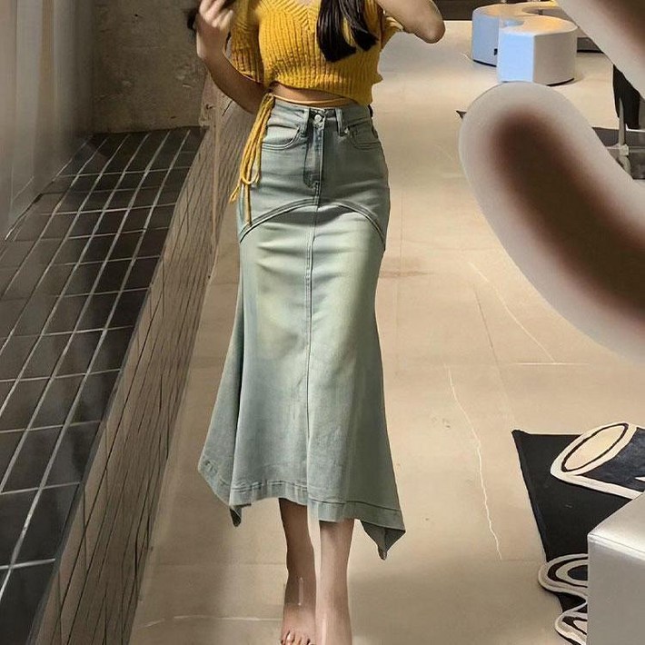 여성 데님 롱 치마 캐주얼 봄 가을 하이웨이스트 언밸런스 치마 패션 슬림핏 청치마 빈티지 a라인 머메이드 데님 스커트 SYM