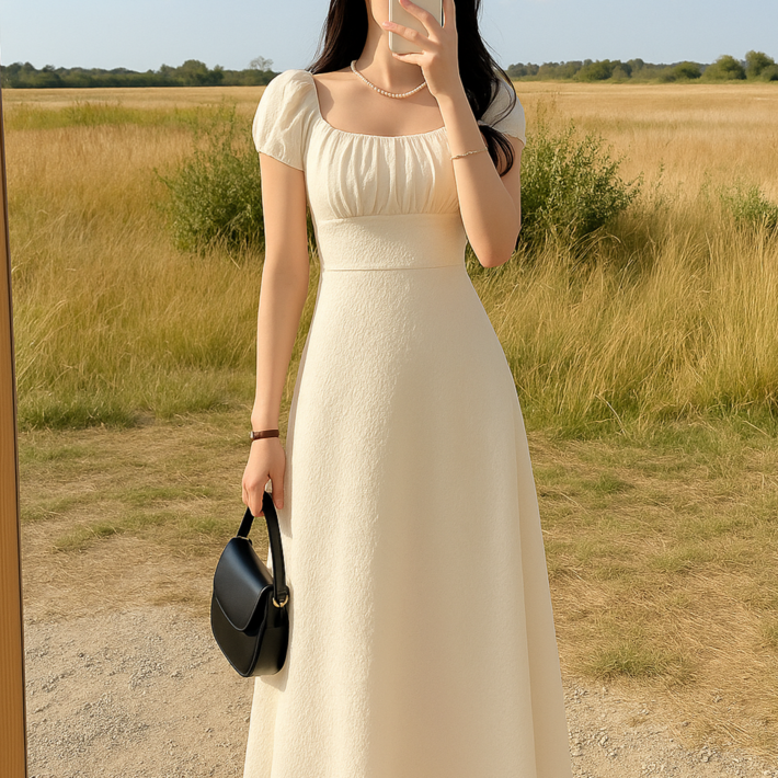 리파인미 스퀘어넥 퍼프소매 가슴셔링 롱원피스