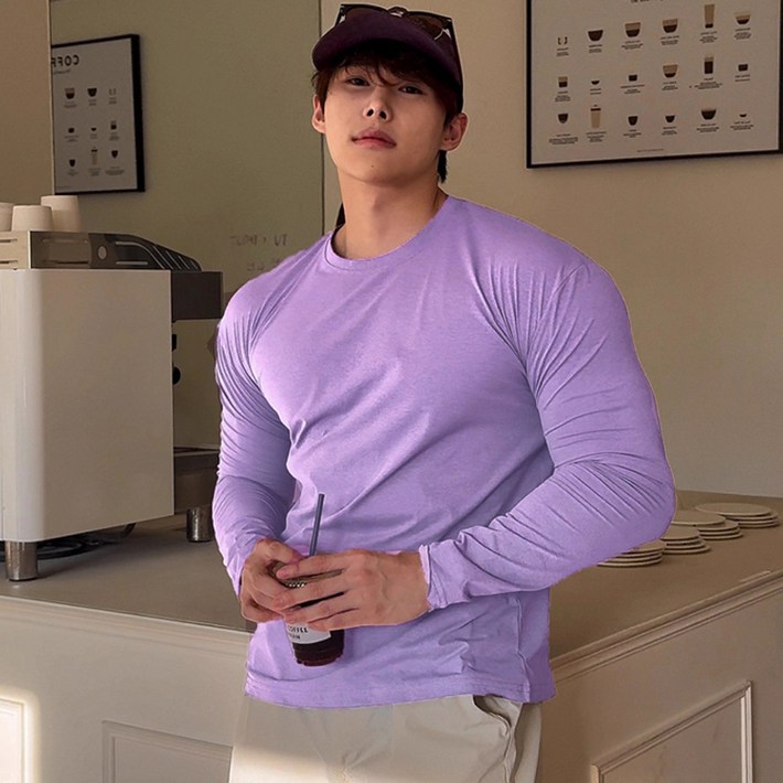 MDIVGYM 남자 머슬핏 면 스판 긴팔 슬림핏 무지티 라운드 티셔츠