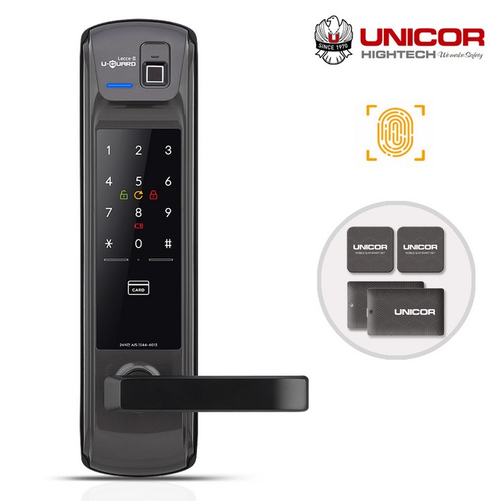 유니코 레체2 지문인식카드키4개번호키 즉시잠김 잠김속도조절기능 이중인증선택가능 내외부강제잠금 지문인증100개 복수비밀번호 마스터번호카드기능 현관문 디지털도어락 도어록, 유니코 레체2, 고객직접설치