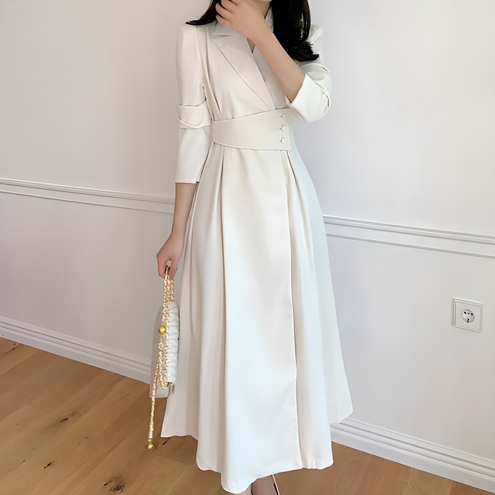 페이퍼먼츠 카라넥 허리버튼 롱 원피스 08843