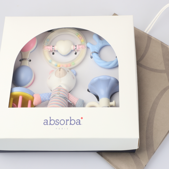 [백화점 선물포장] 압소바 출산선물세트 백일선물세트 아기 딸랑이 인형 치발기 세트