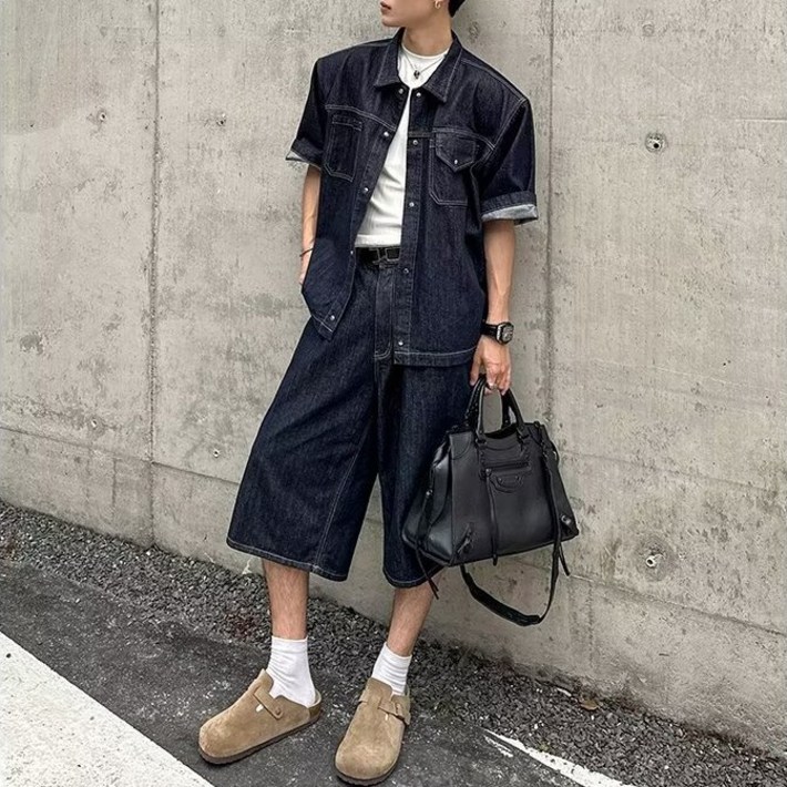 킹앤조이 리누스 투포켓 반팔 데님 셔츠7부 와이드 데님 팬츠 셋업 킹앤조이 리누스 투포켓 반팔 데님 셔츠7부 와이드 데님 팬츠 셋업