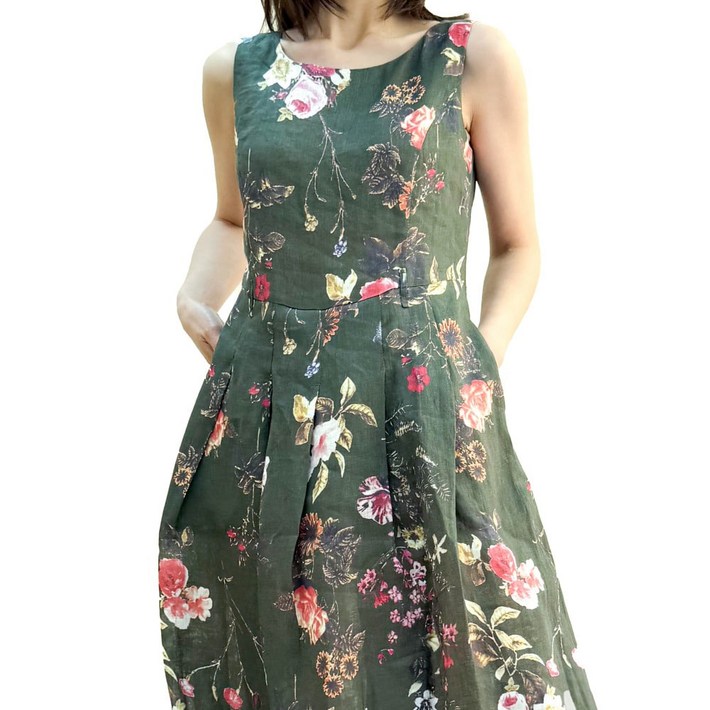 비꼴리끄 린넨 꽃 프린트 민소매 원피스 B252WO2080