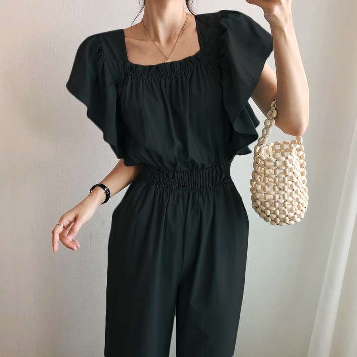 요시아나 당일발송 러블리 데일리 하트펠트 러플 스퀘어넥 점프수트 3컬러