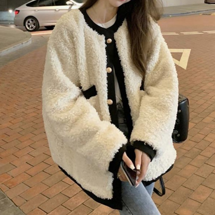 NUNUHANA 여성 루즈핏 램스울 코트