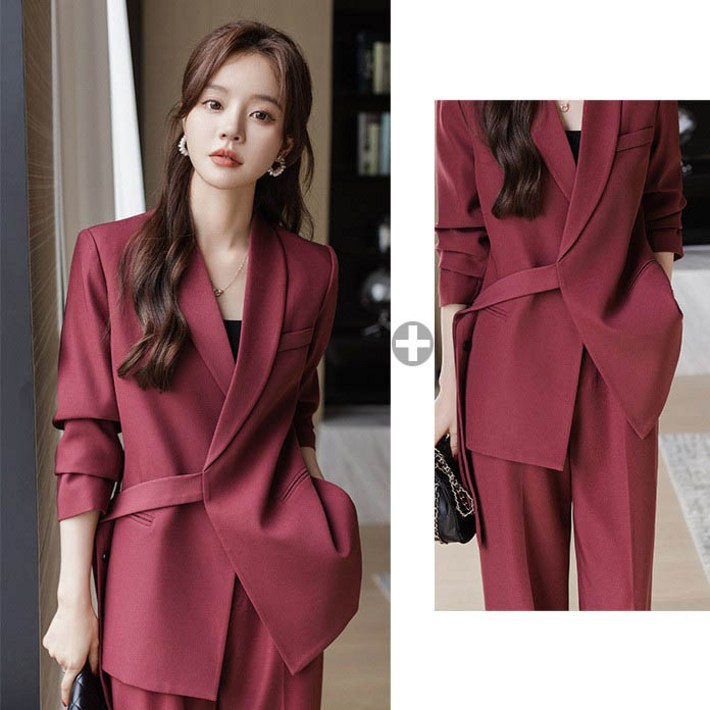 여성 오피스 정장세트 와이드팬츠 투피스 벨트 포인트 정장자켓 하객룩 출근룩 면접 캐주얼 셋업 수트 고급
