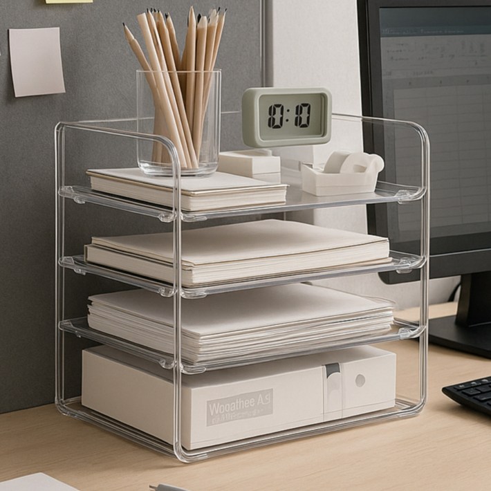 오피스헬퍼 사무실 데스크 a4 수납함 서류정리함, 4단펜꽂이, 투명
