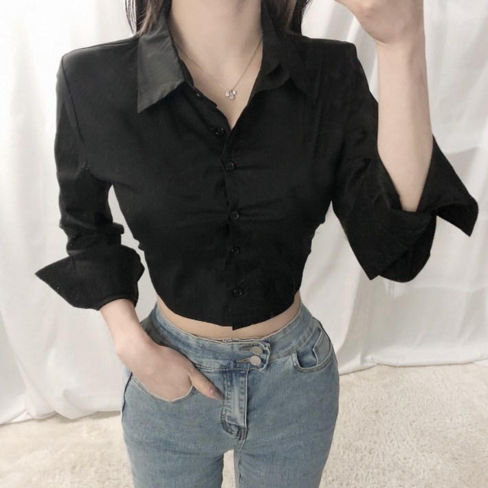 도레미 크롭 뒷밴딩 카라넥 셔츠