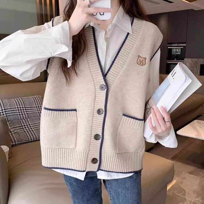 미중 여성 봄가을 뉴 니트 빅사이즈 박시 캐주얼 줄무늬 단추 포켓 자수 예쁜 조끼 yylyf