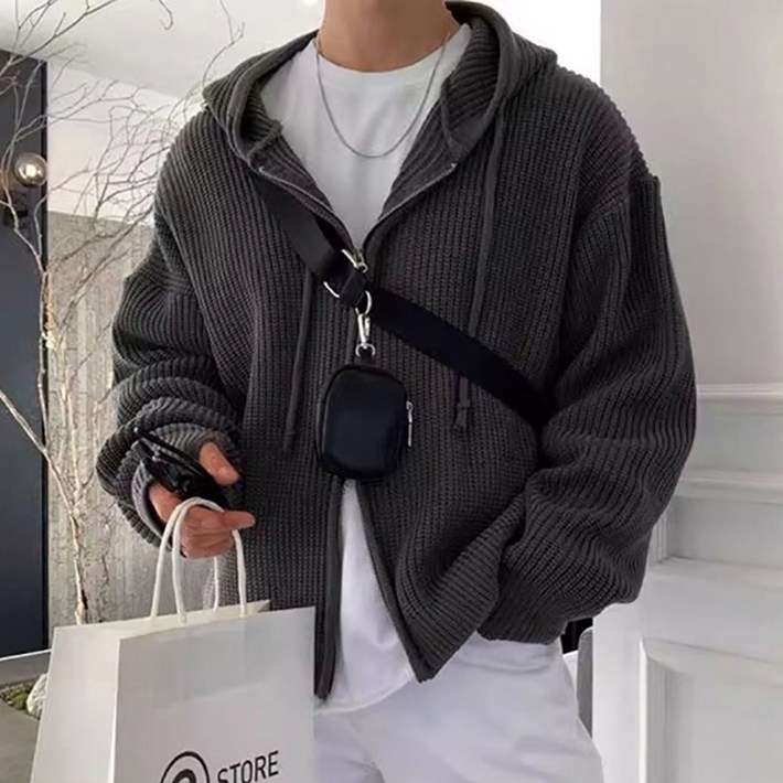 인어미남 남성 봄가을 스웨터 니트 카디건 아우터 후드 심플 스타일 집업 루즈핏 캐주얼 패션 상의