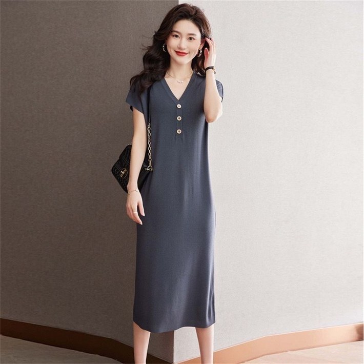 besteffie 여성용 심플한 V넥 반팔 미디 길이 원피스 여름 데일리룩 아웃핏 레귤러핏 K37