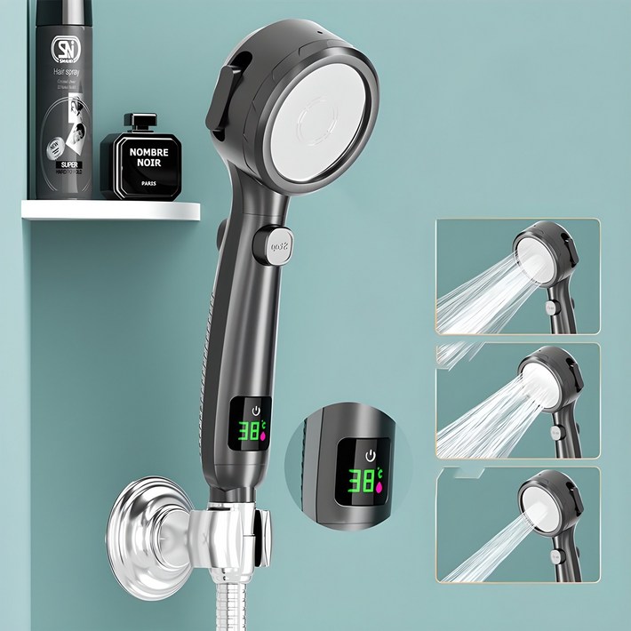 ZOZOFO LCD 디스플레이 온도 샤워기 수압상승 욕실청소 온도체크 샤워노즐 + 1.5m 호스