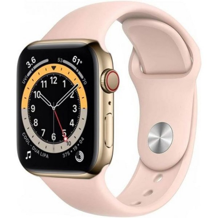 핑크 스포츠 밴드가 있는 Apple Watch 시리즈 6GPS  셀룰러, 44mm 골드 스테인리스 스틸 케이스갱신