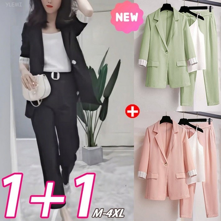 YLEMI 111 여름 봄 빅 사이즈 여성복 반팔 정장 상의롱 블레이저 바지 루즈핏 정장슈트