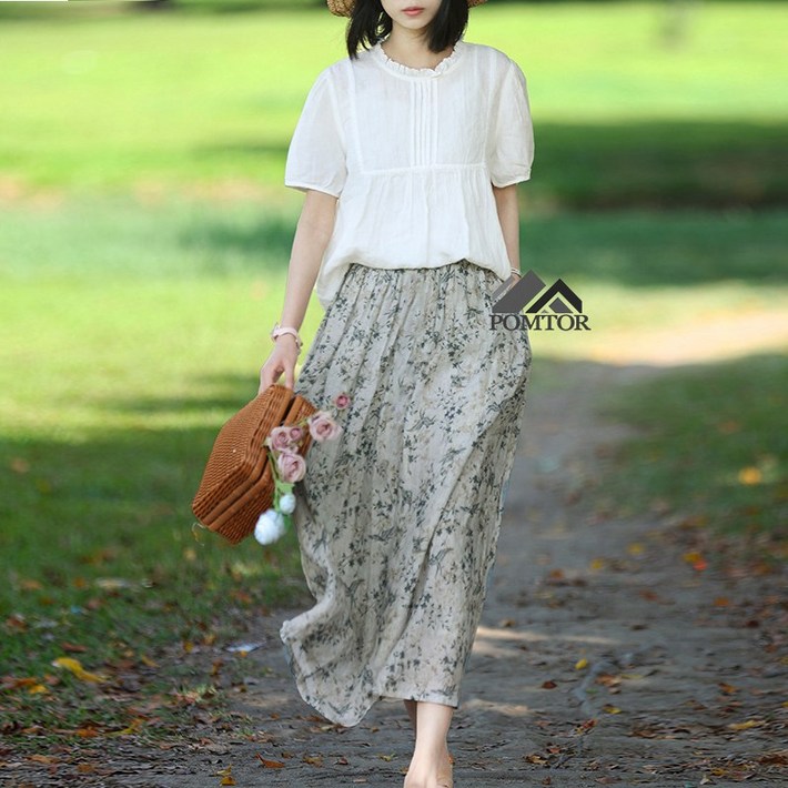 POMTOR 여성 여름 봄 로맨틱한 치마 A라인 밴딩 플라워 바캉스 롱 스커트
