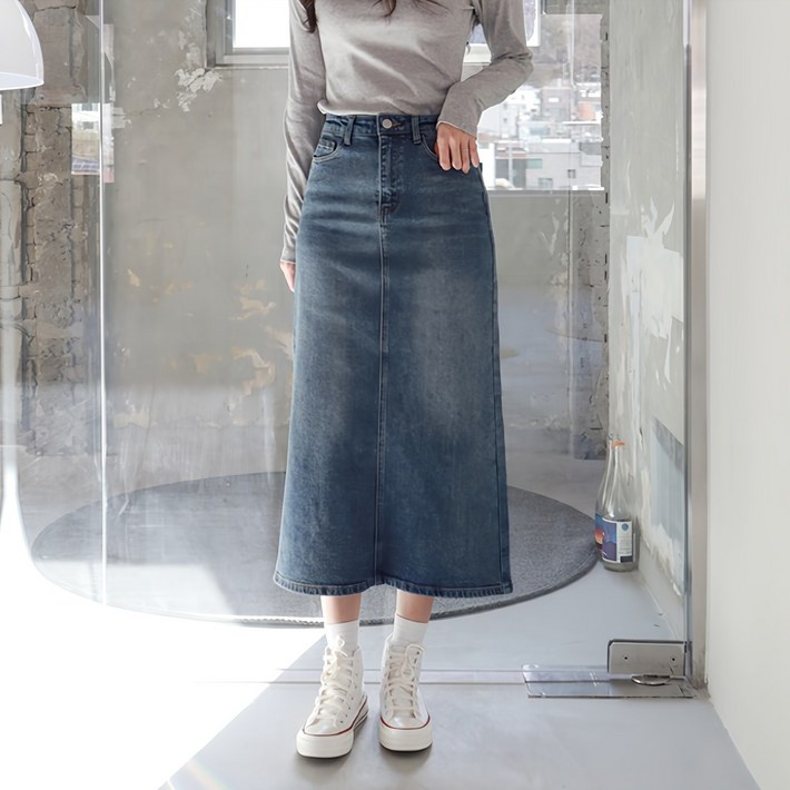 수비진 SP7207 여성용 옆 트임 스판 롱 데님스커트