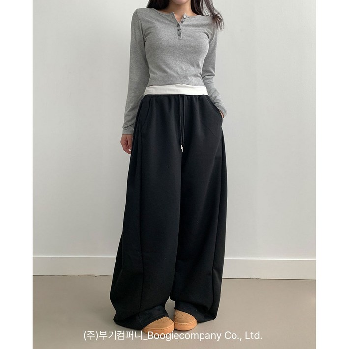 부기샵 군살커버 퍼트 사이드 폴링 핀턱 와이드 트레이닝 롱팬츠롱기장