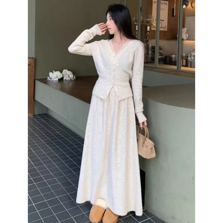 ANYOU 여성 가을겨울 롱스커트 세트 부드러운 편안함 여성복