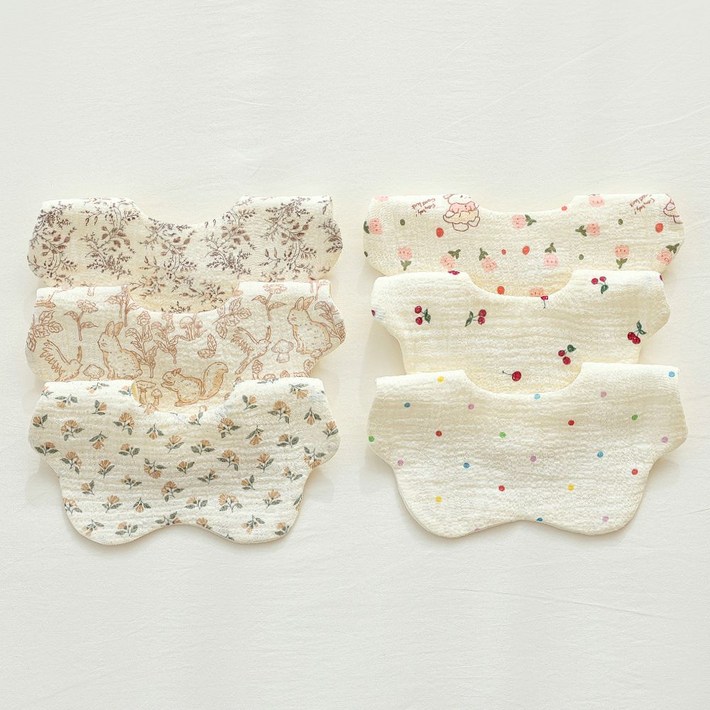 6개1set 엘린베베 고급 여아 면 거즈 턱받이 유아 신생아 아기 침받이