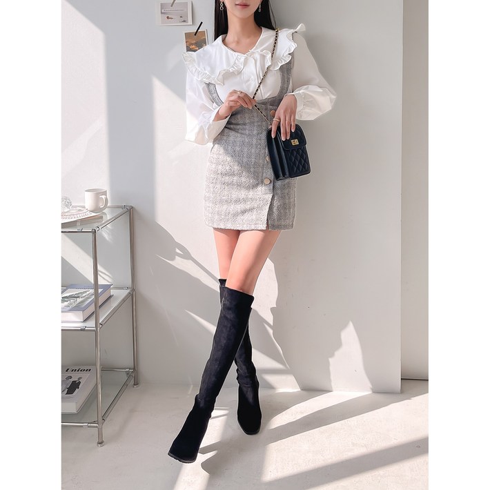 펀제니 트위드미니스커트 멜빵치마 봄가을끈원피스