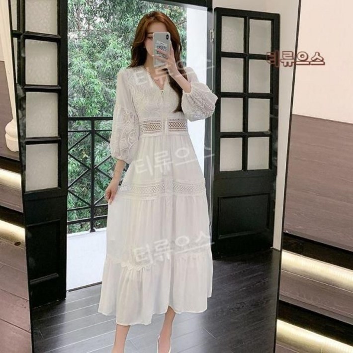 시크한 섬세한 여성 원피스 롱 카라 블랙 레니본 패턴 숏 빅사이즈 하객 데님