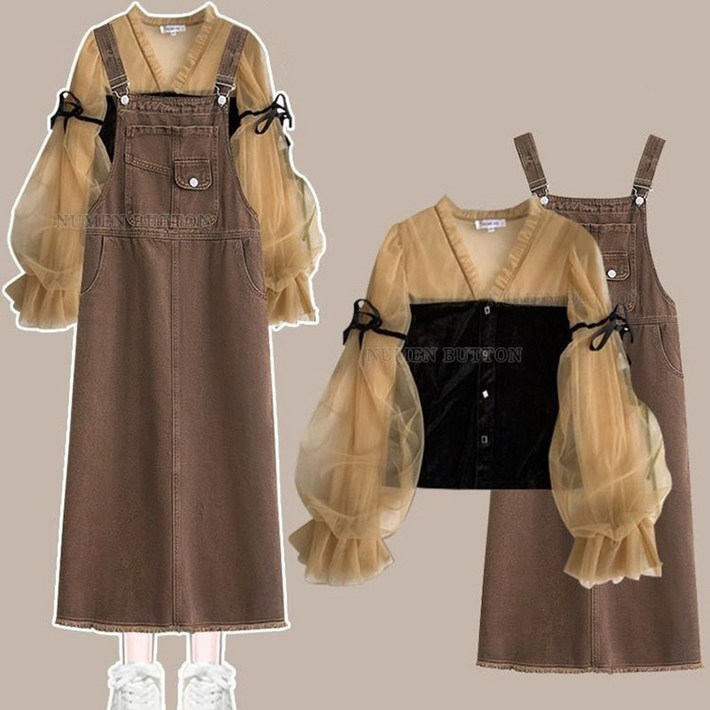 봄 가을 여성 데님 세트 캐주얼 퍼프소매 블라우스  민소매 데님 원피스 투피스 기질 여자 데님 세트 WXY
