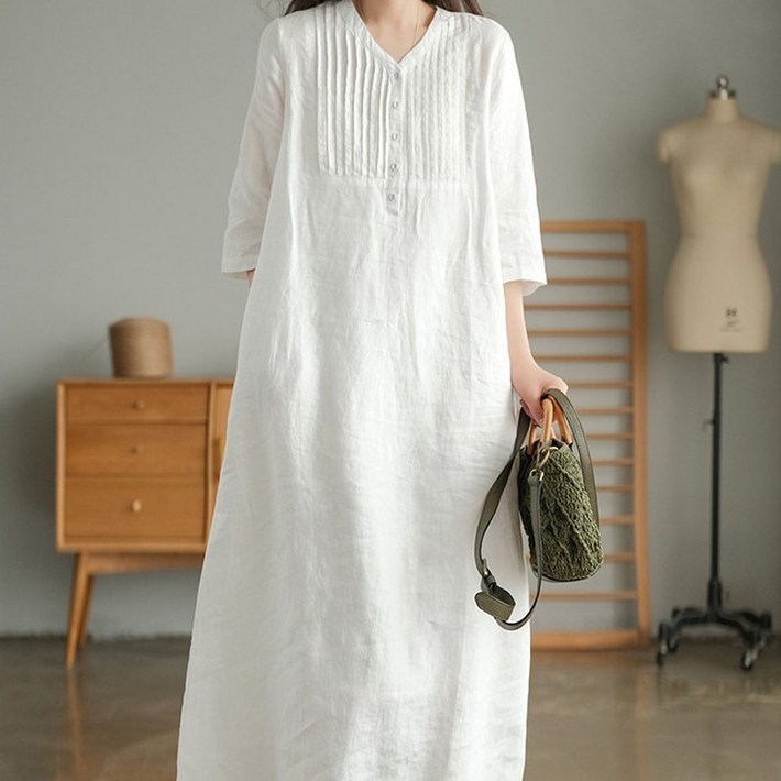 봄 여름 리넨 5분 소매 세련 연상적 패션 원피스 여성용 캐주얼 V넥 얇은 소매 긴 원피스 스타일 더위 흡수