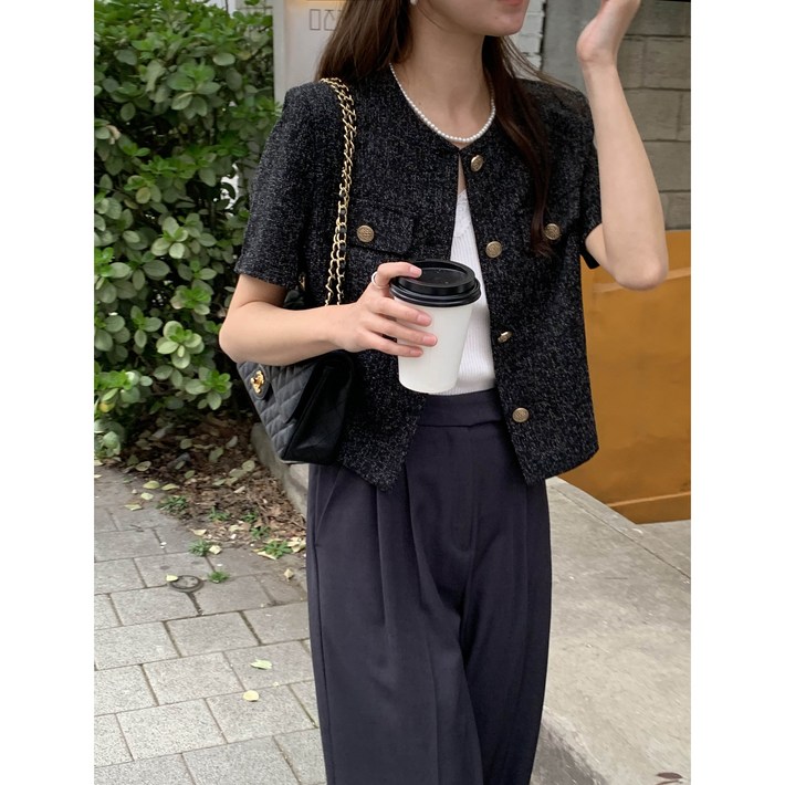 자체제작 루어스룸 젤리 가을 간절기 루즈핏 긴팔 골드버튼 포켓 라운드넥 숏 트위드 하객룩 자켓