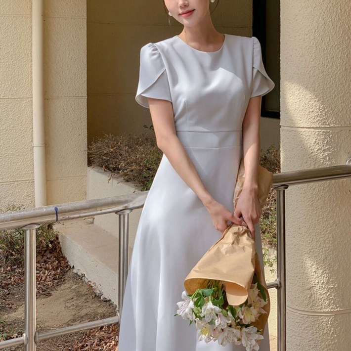 아멜리 로맨틱 플레어 하객룩 반팔 슬림핏 롱원피스