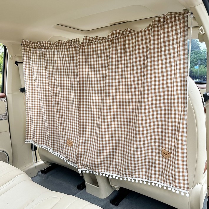 더알파차박커튼 차량용 햇빛가리개 대형2p커튼밴드  전차종트렁크 설치가능  곰돌이 체크무늬, 커피색, 1개