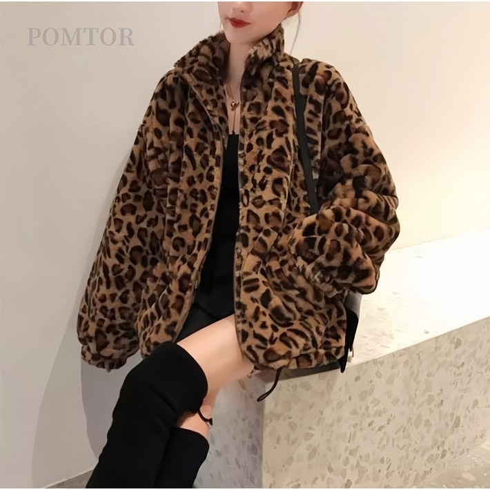 POMTOR 여성 레오파드 퍼자켓  오버핏 점퍼  가을 겨울 아우터
