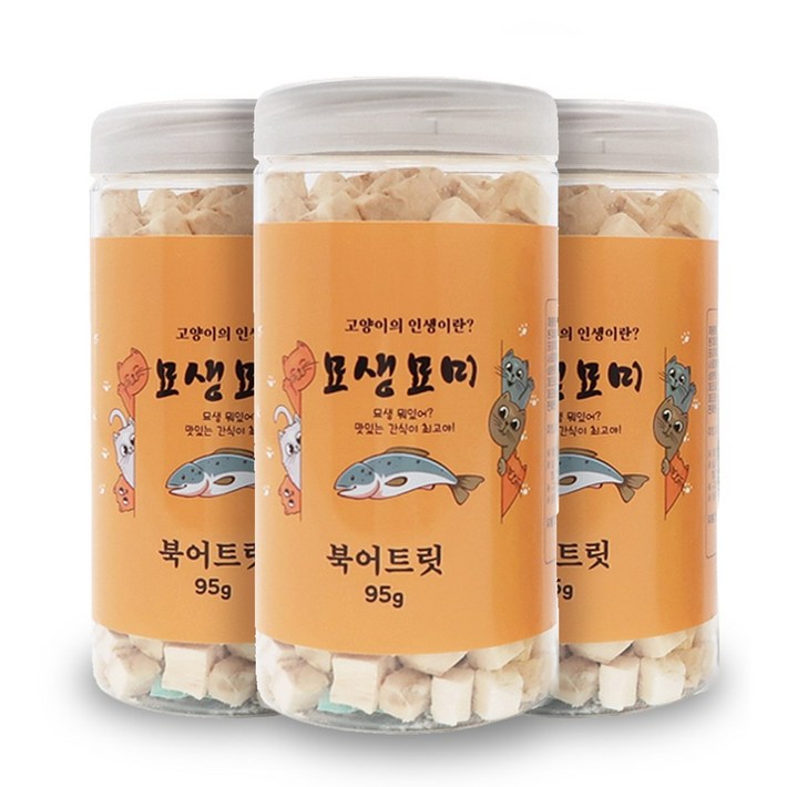 국내제조 최신상품 묘생묘미 북어트릿 95g 명태살 100 동결건조 고양이트릿 큐브 간식, 3개, 95g, 북어