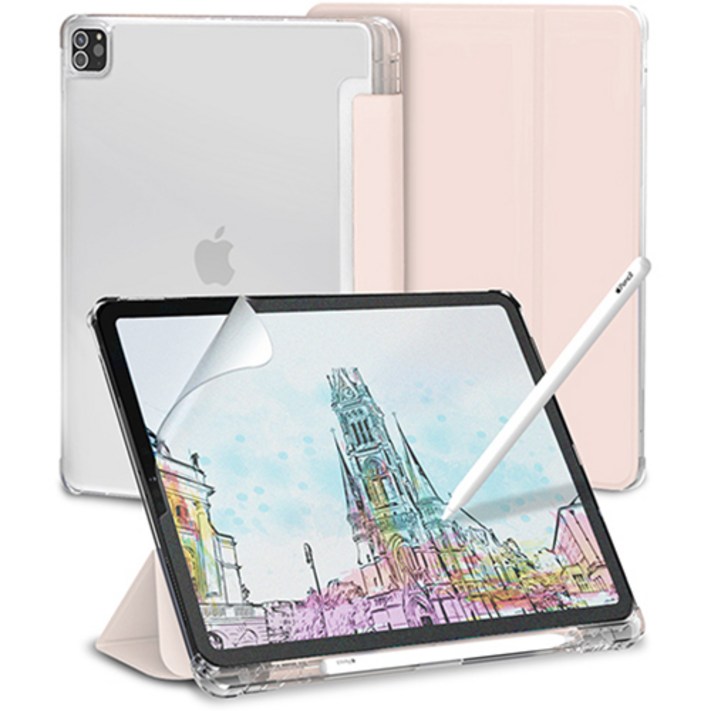 아이패드에어2 신지모루 클리어 애플펜슬 수납 태블릿PC 케이스 + 종이질감 액정보호 필름 세트, 핑크샌드