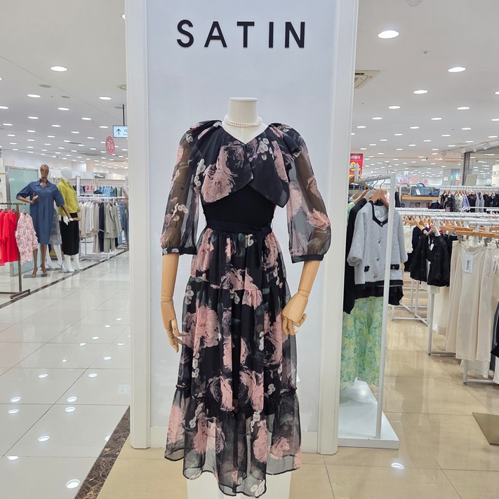 샤틴 니트 배색 쉬폰 롱 원피스 S253B654