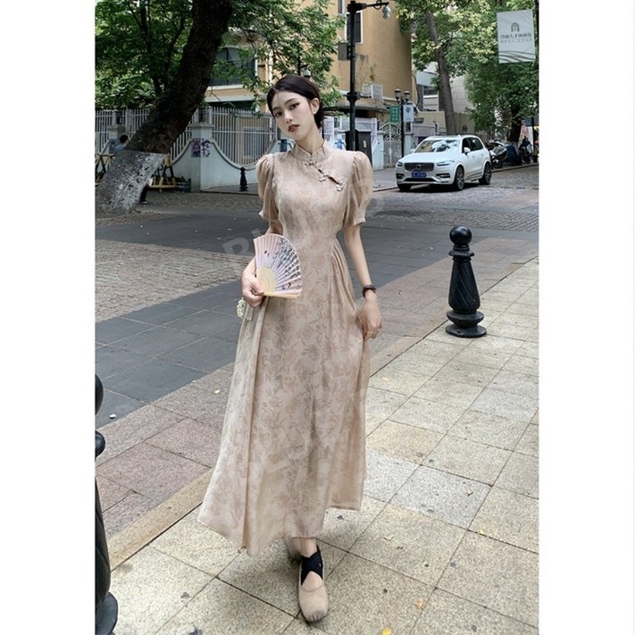 여성 원피스 중국 스타일 퍼프 슬리브 드레스 여름 2023 뉴 차이나 카라 허리 슬리밍 기질 반팔 여성 원피스 중국 스타일 퍼프 슬리브 드레스 여름 2023 뉴 차이나 카라 허리 슬리밍 기질 반팔